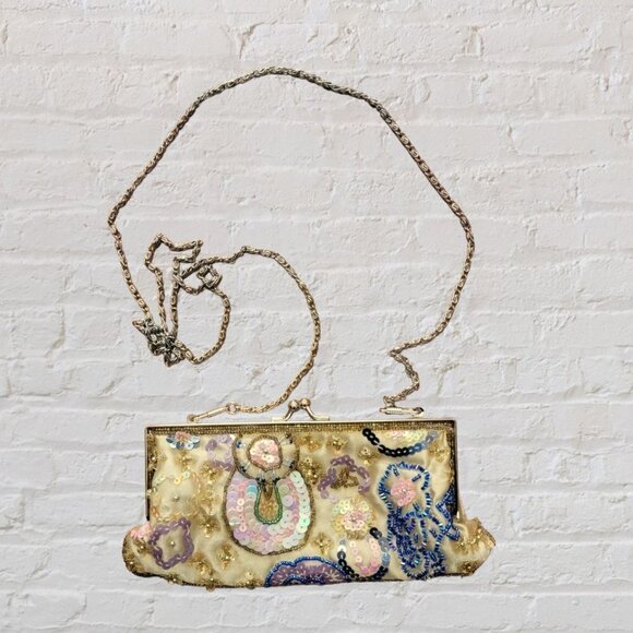 Evening Bijoux Terner Sequined Golden Satin Clutch Cross Body Mini Bag - Picture 1 of 5